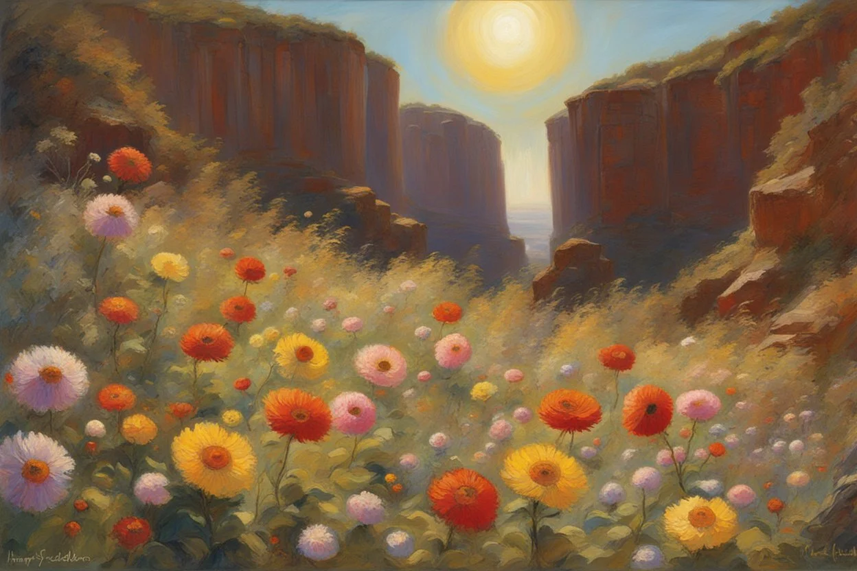 sunny day, planet in the sky, rocks, flowers, cliffs, sci-fi, friedrich eckenfelder and henry luyten impressionism paintings