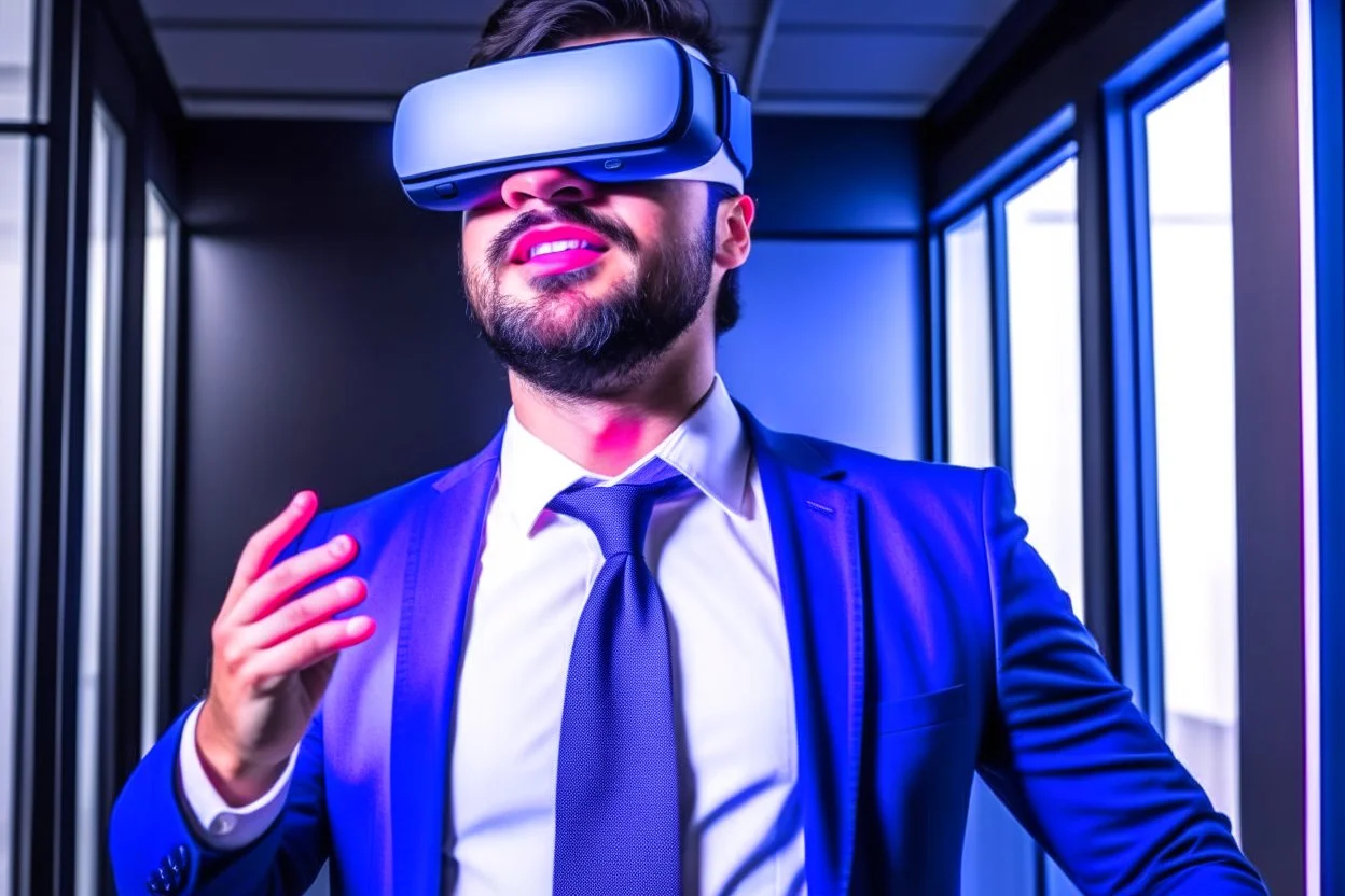 ceo looking up in amazement wearing VR