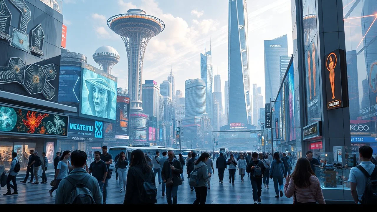 Here is a shortened prompt for an AI image generation of an "Imagination of 2080 year modern city center with some people and city escape at background": "A futuristic scene depicting the bustling heart of a 2080 city center. The foreground features a diverse array of photorealistic individuals engaged with innovative, tech-enhanced elements - holographic displays, autonomous transportation, immersive public art. In the background, a panoramic vista of the larger city skyline - towering organi