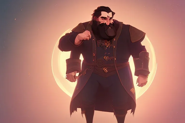 Other worldly boisterous bearded tall middle-aged man wearing many gold rings anda rugged long fur trimmed merchant's coat, full body, dark background, synamic lighting