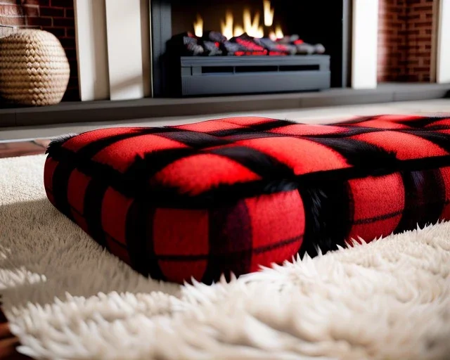 Red plaid slipper on a fur rug by the fireplace