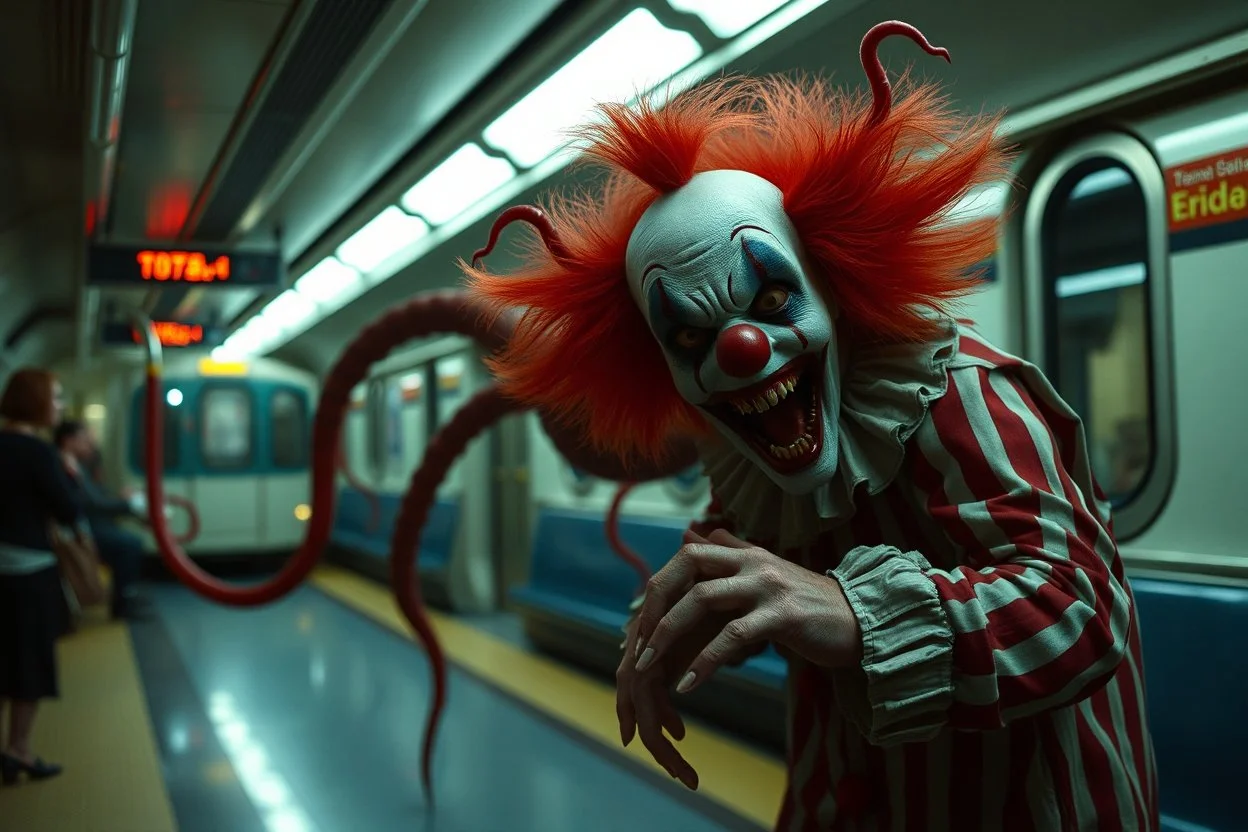 Horror Movie scene of a Clown centipede monster train in the subway station, scary