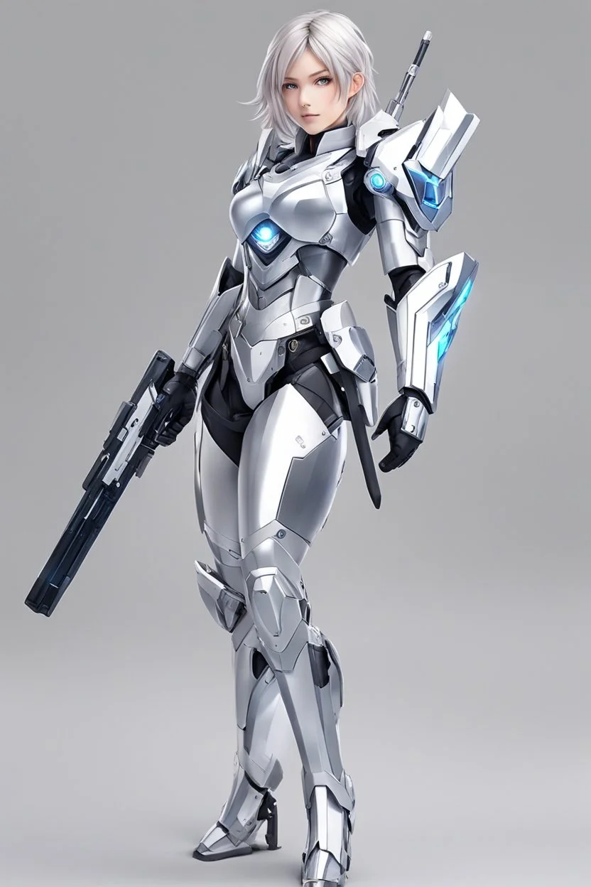 Excellent photo,mechines,realistic photo anime digital human anime woman,full body,abstracs armored silver chromecast shine.style: details digitalphoto,digital human anime