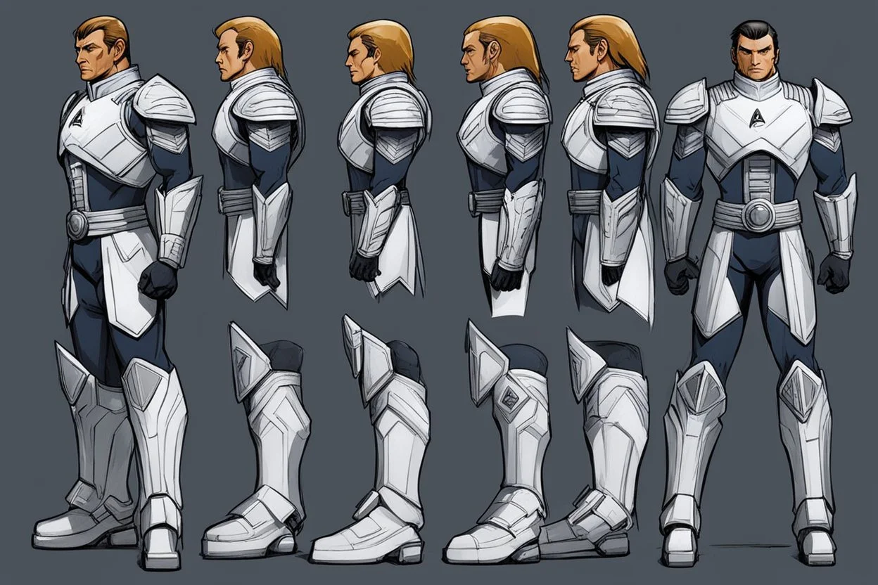(Star Trek Lore) a Kazon aggressive warrior with his traditional equipment ## Layout & Perspectives Arrange strictly from left to right in the order of “front, side (either left or right), back” horizontally. The character's height, head-to-body ratio, shoulder width, and other skeletal proportions must be perfectly aligned horizontally across all three views, with strictly consistent sizing. ## Character Consistency Across all perspectives, the character's face shape, facial features, ha