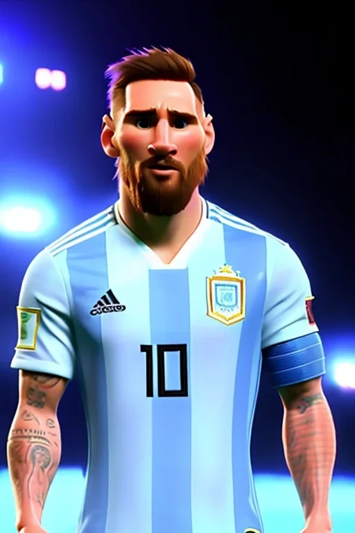 Realistic Messi Argentina soccer player Portrait, mid shot view, epic, god lights, concept art, art station, 3d, photo studio, blue clean background, unreal engine 5, ray tracing, RTX, lumen lighting, ultra detail, volumetric lighting.