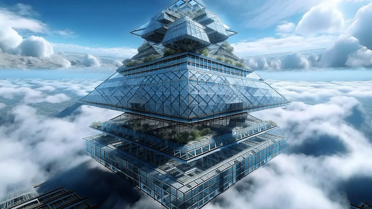 incredible geometry giant aztec crystal building over the clouds