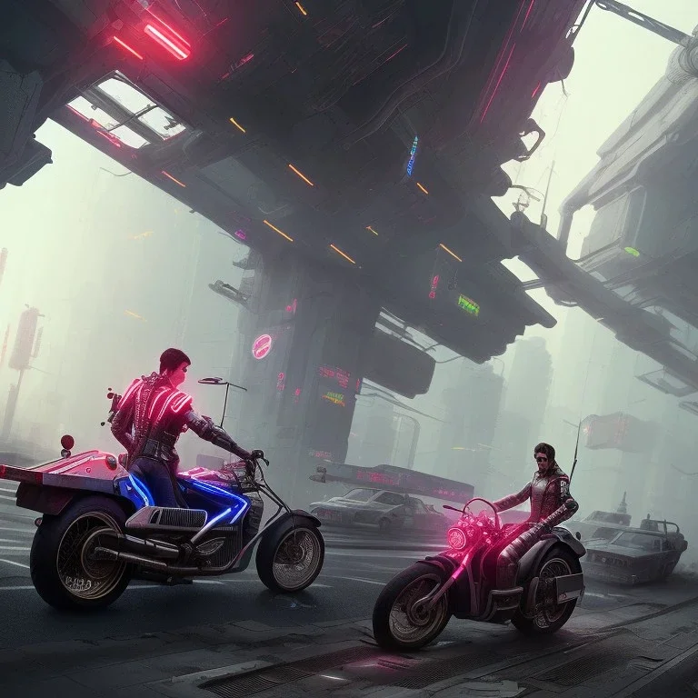 cyberpunk far way man in kaneda bike,robotic arm, highly detailed global illumination, detailed and intricate environment, octane