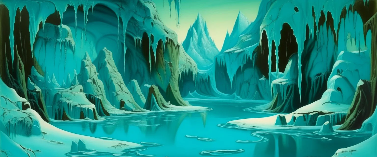 A greenish blue frozen gorge with falling snowflakes designed in ancient Egyptian pottery painted by Salvador Dali