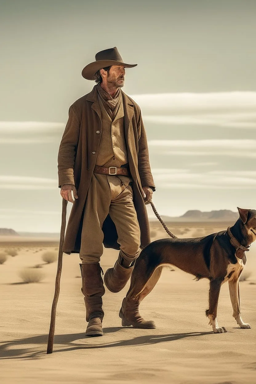 Full body cowboy in a desert with a dog and fancy walking stick