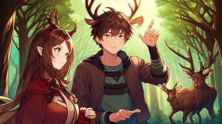 Girl and Boy, forest, ,deer hoof foot, brown hair,face,hoof hand