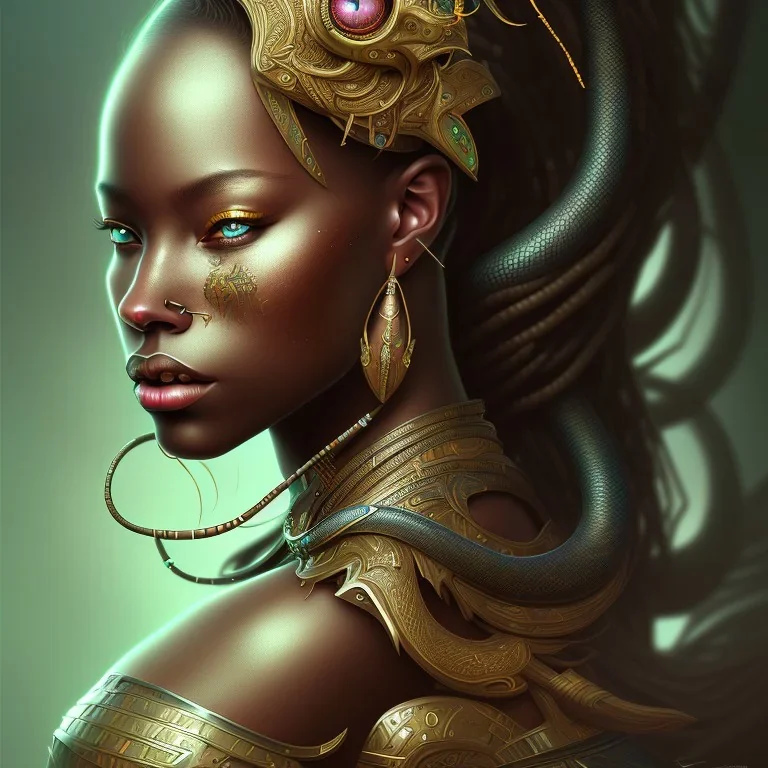 sango fantasy, fantasy magic, intricate, sharp focus, illustration, highly detailed, digital painting, concept art, matte, masterpiece snake head sexy lady body black African beauty