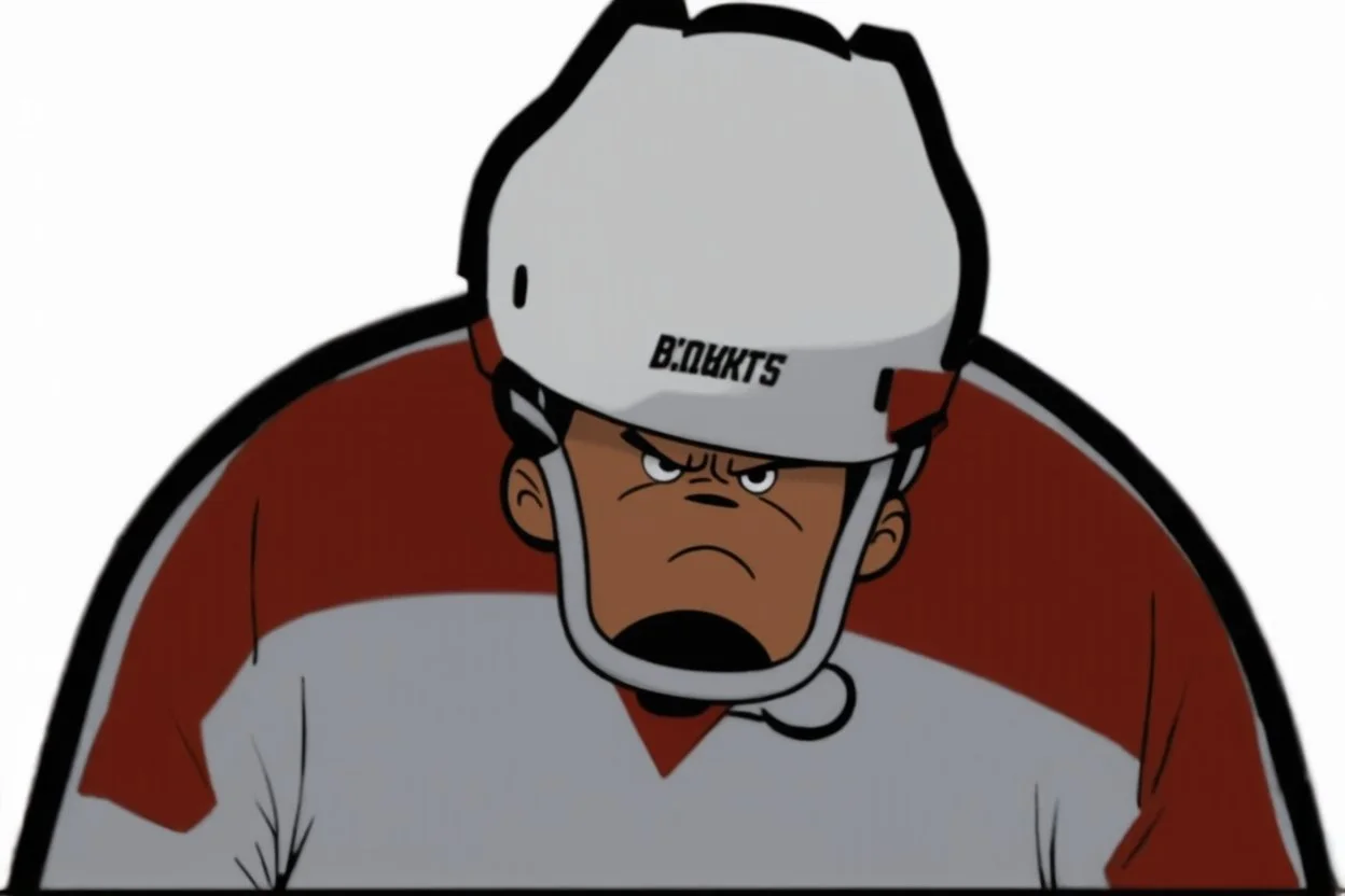 Calvin and Hobbs cartoon of an angry Calvin pouting with head down wearing a hockey helmet, line art cartoon