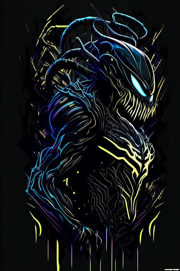 vector art, venom cyberpunk hybrid, illustration, black background, Vectorstock, flat