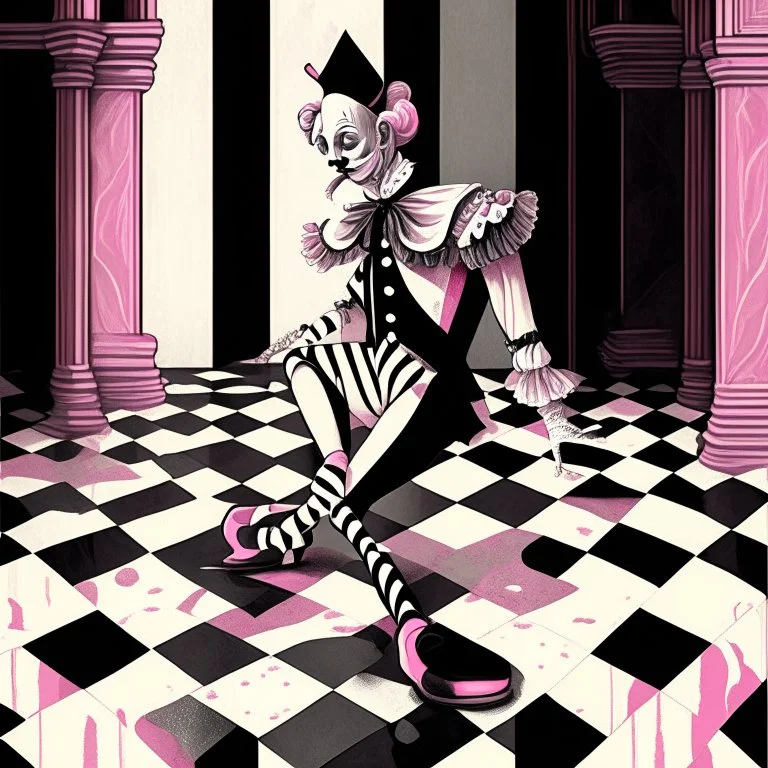 Storybook illustration of a Pierrot Clown, black and white with pink accents, Beardsely style, art nouveau elements, vintage drawing, pierrot vintage, black and white marble floor