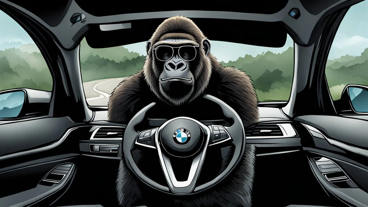 Gorilla wearing thick glasses driving a BMW. Illustration.