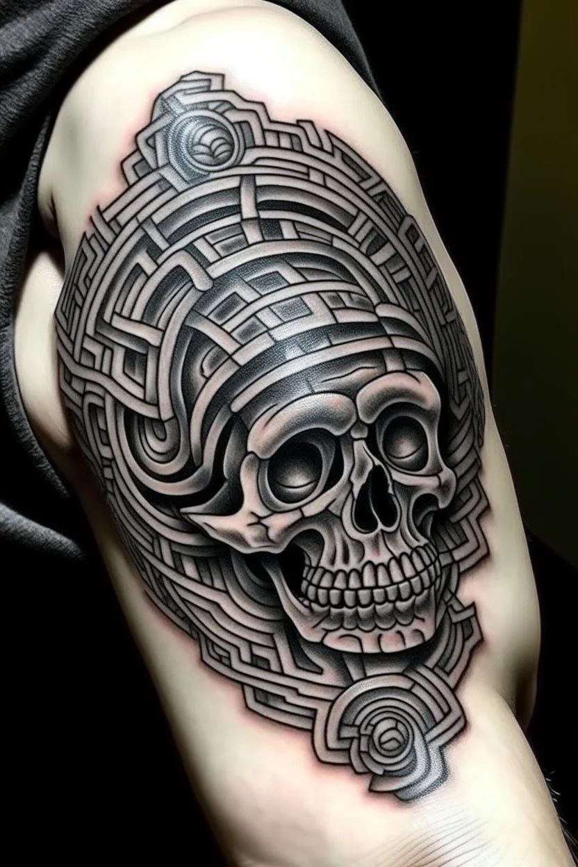 Shape of a labyrinth in a skull a new age tattoo style