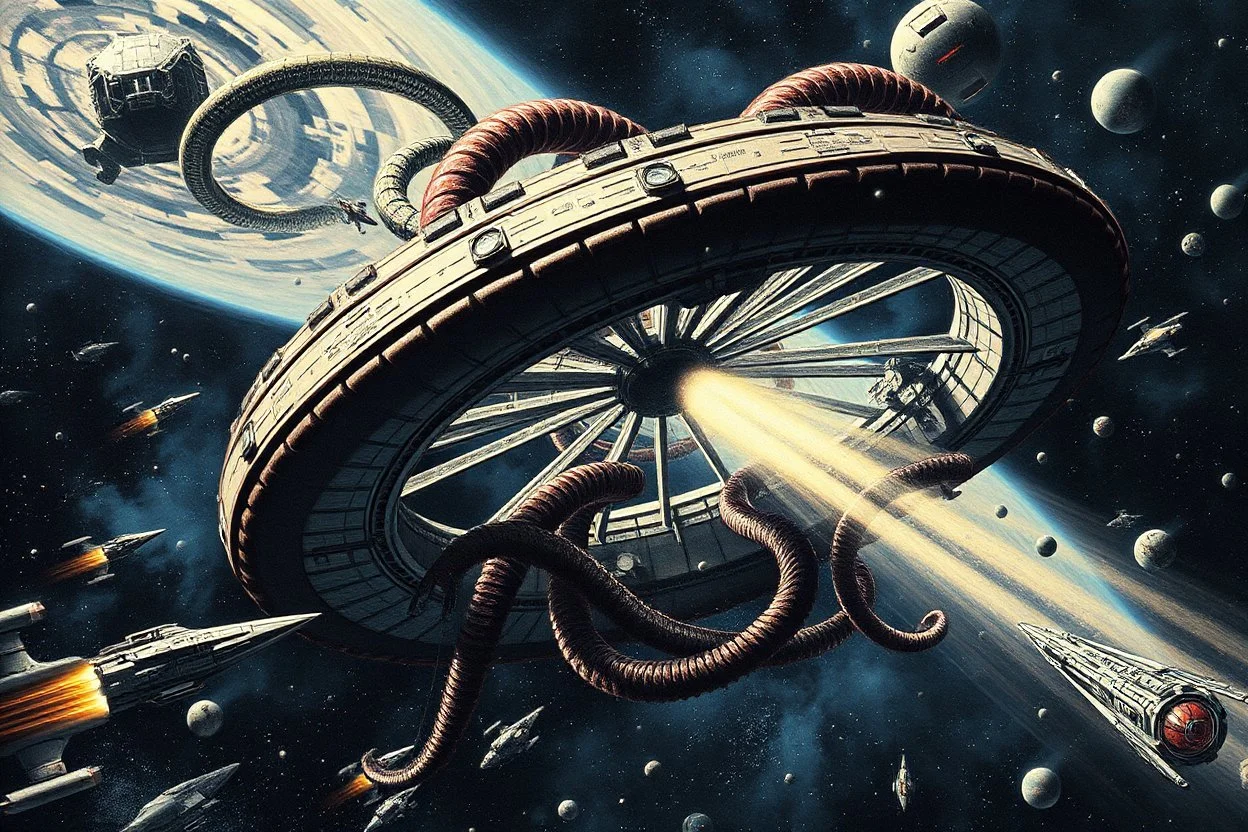 sci fi dramatic scene, a spoked ring space station being attacked by a colossal Lovecraftian tentacle creature wrapping its biomechanical tentacles around the space station outer ring, smaller space ships circle the scene, grand, expansive, intricate detail, Syd Mead and H.R. giger space opera aesthetic, cosmic sci-fi illustration