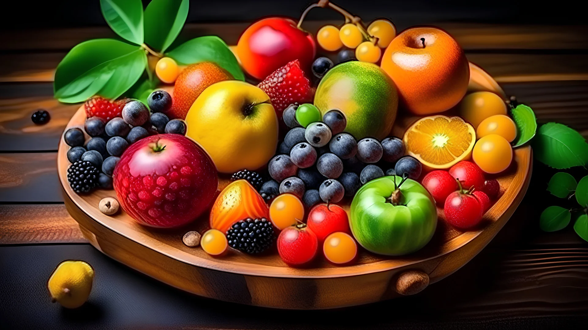 Set of summer fruits and berries in wooden serving.