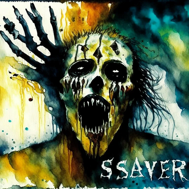 Surreal "SLAYER" heavy metal cover watercolor, Dead Skin Mask - Dance with the dead in my dreams Listen to their hallowed screams, by Arturo Souto and VS Gaitonde, unsettling, expressionistic, macabre