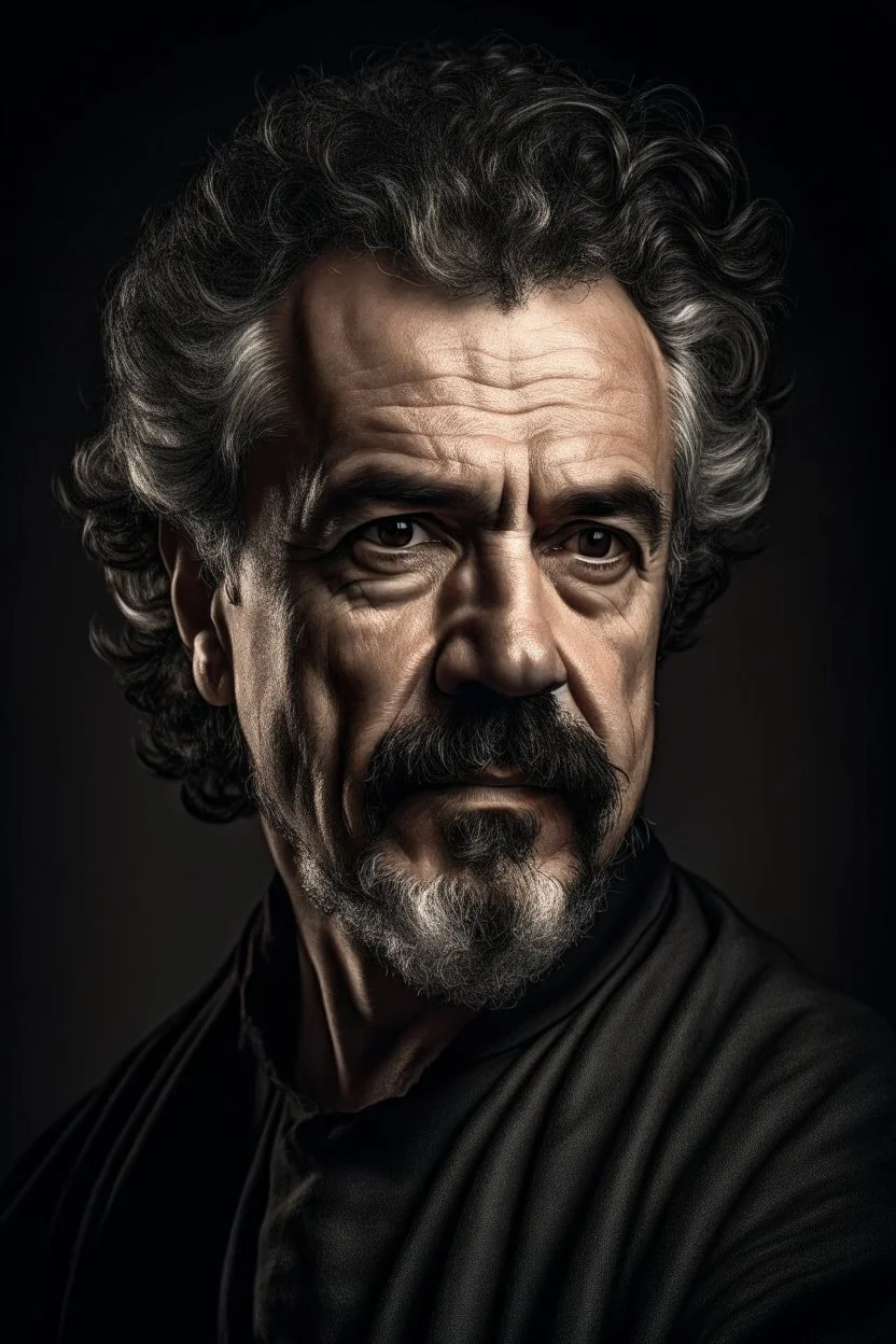 portrait of a man in his fifties, dark goatee, salt and pepper hair, charming, Caravaggio style