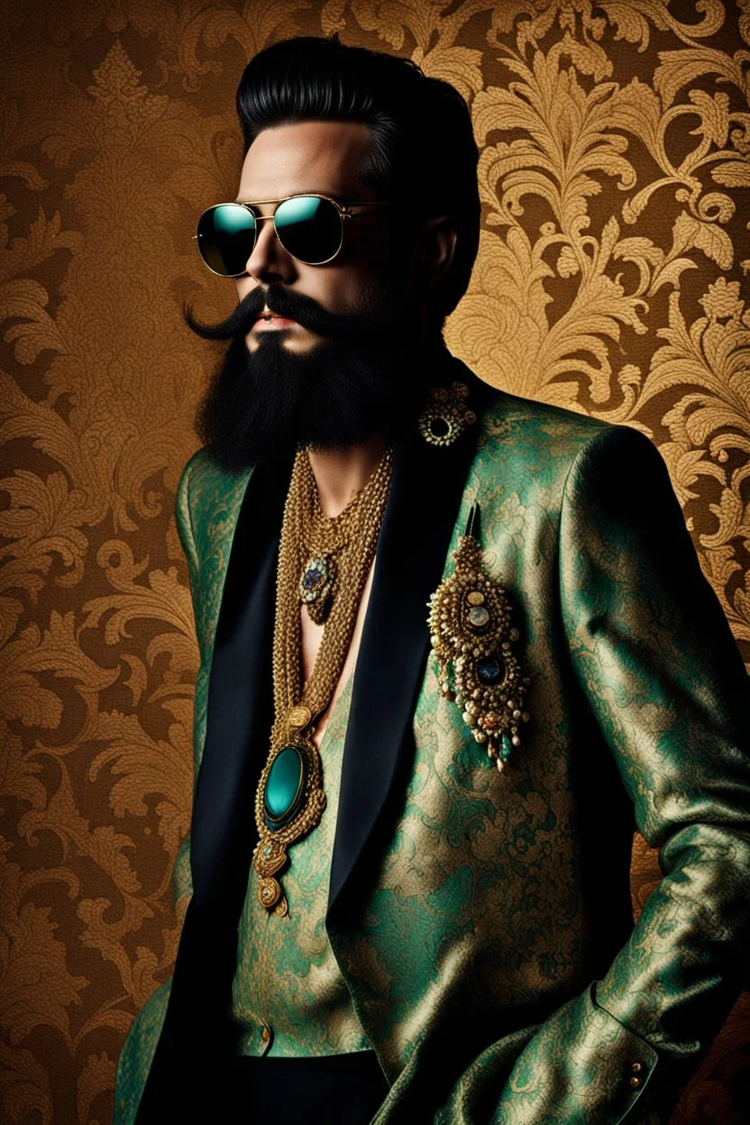 Artistic photo in the audacius style of Jill Greenberg, of man with a luxurious and striking style, abundance of jewelry, oversized sunglasses, neat black beard, feminine manirism, prints, desafiant, extravagant, barroque escene , impasto style with thick texture