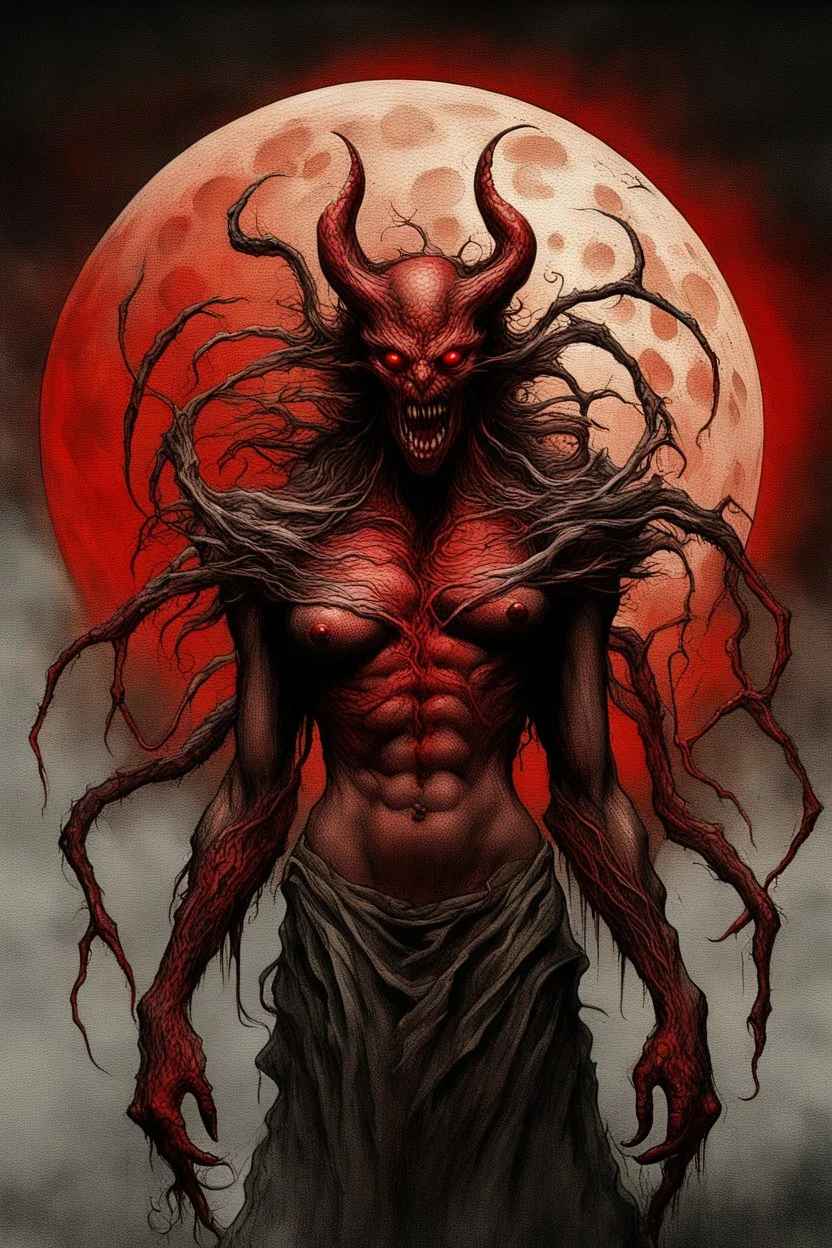 A dramatic digital painting portraying a horror monster under the Red Moon, veins pulsing, claws of temptation visible, soul in turmoil. In the style of Luis Royo and Boris Vallejo, vivid colors, swirling brushstrokes, highly detailed, 8k resolution, surrealistic., juicy emotions, painting, gloomy fantasy, gloomy day, dark world, portrait, oil and graphite, wide strokes, a weaving frame around, by Ryohei Hase, Agnes Cecile, Raymond Swanland, Anne Bachelier