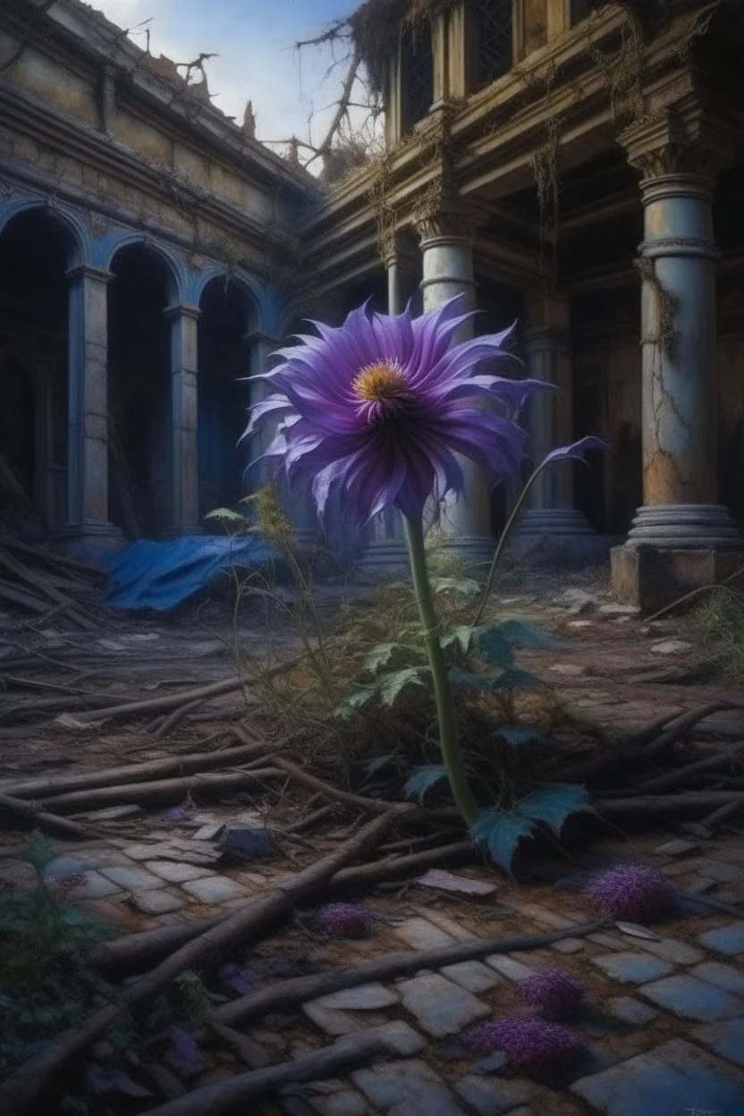 Oil painting of a purple flower amid withered and dead flowers in an abandoned garden in an abandoned palace in the ancient era Photorealistic