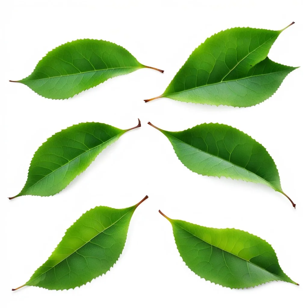 unconnected cherry-plum leaves with jagged edges on a white background, top right is 2 leaves overlapping, stock image