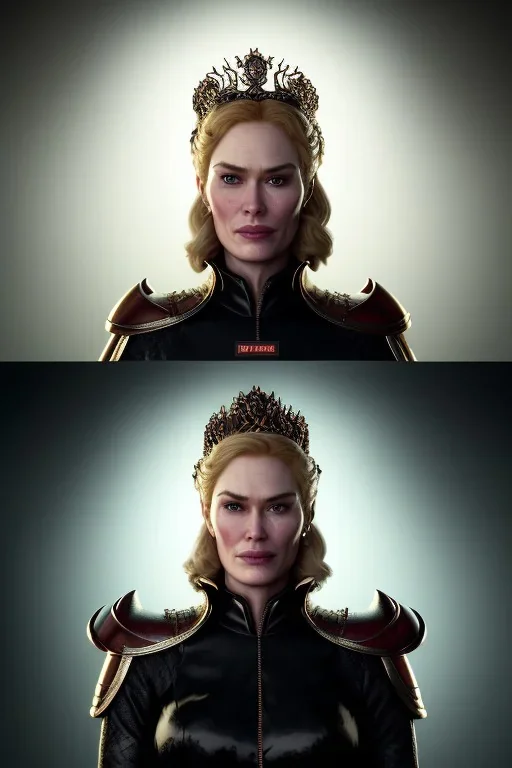 Cersei Lannister as evil queen in black leather coat, busty, cleavage, voluptuous, lena headay, angry, stern look. character design by cory loftis, fenghua zhong, ryohei hase, ismail inceoglu and ruan jia. unreal engine 5, artistic lighting, highly detailed, photorealistic, fantasy