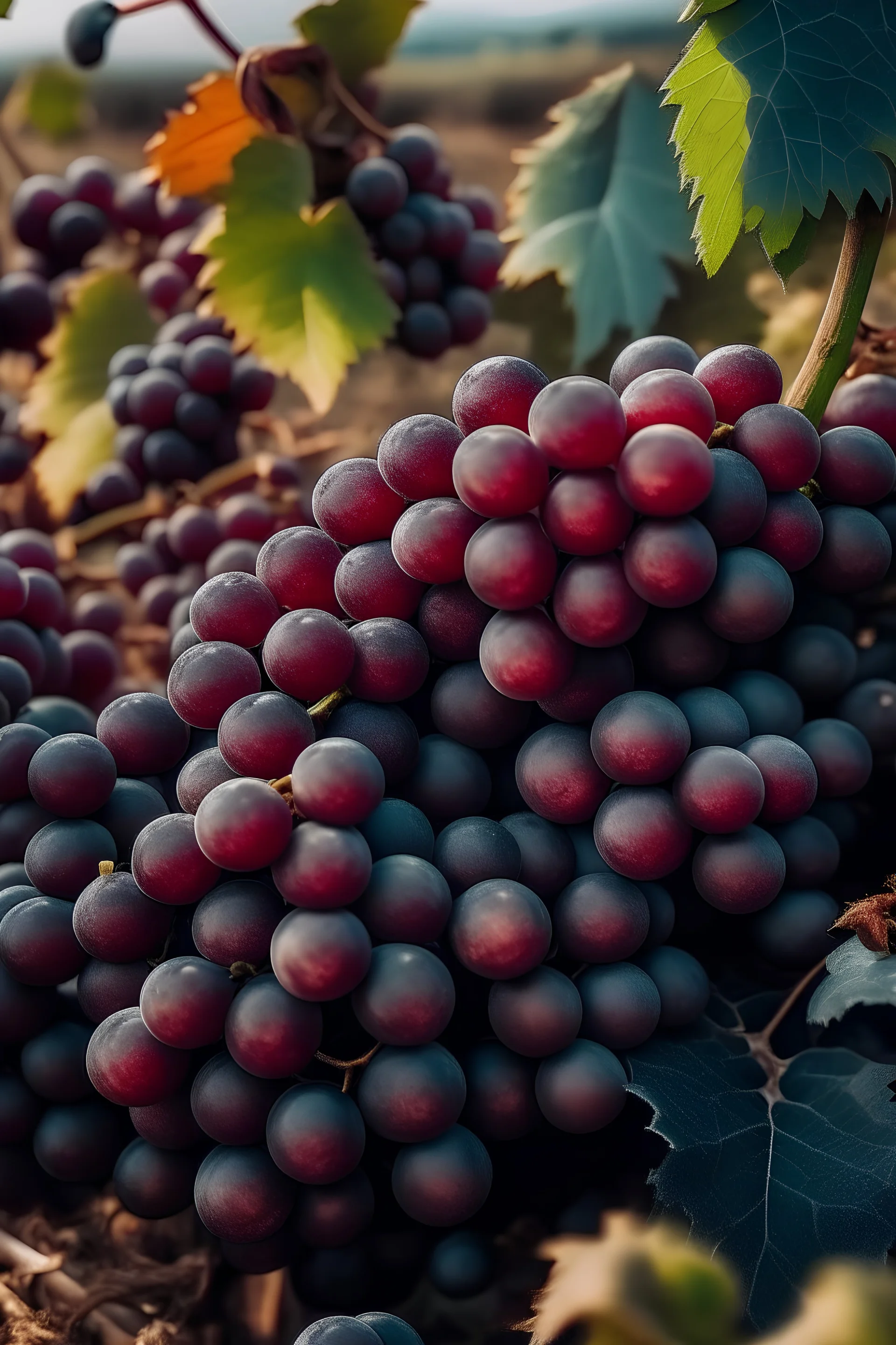 Necesito que crees una imagen de uvas en un campo de cosecha