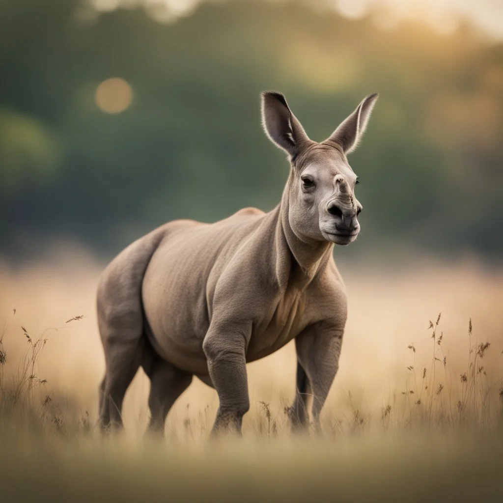 kangaroo rhino with jagged horn standing on two legs in long grass ,bokeh like f/0.8, tilt-shift lens 8k,*-