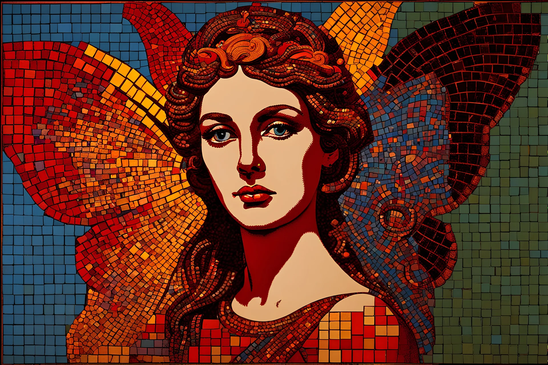 colorful psychedelic painting of ancient god psyche depicted in ancient mosaic art as a butterfly-winged woman by andy warhol