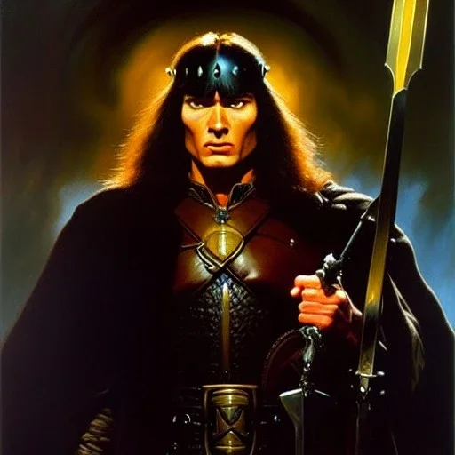 portrait of Conan painting by Brom, oil on canvas, cinematic composition, extreme detail,fit full head inside picture