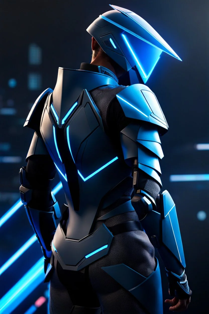 cyberpunk, neon blue, floating triangle of light behind the back, cyber armor, geometric patterns on an armor, male, orbiting triangle