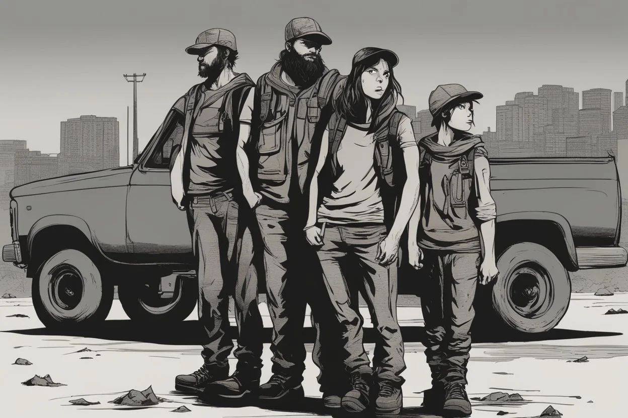 four persons, standing, silhouette, comic book,post-apocalypse, gray background, backpack, pickup truck,