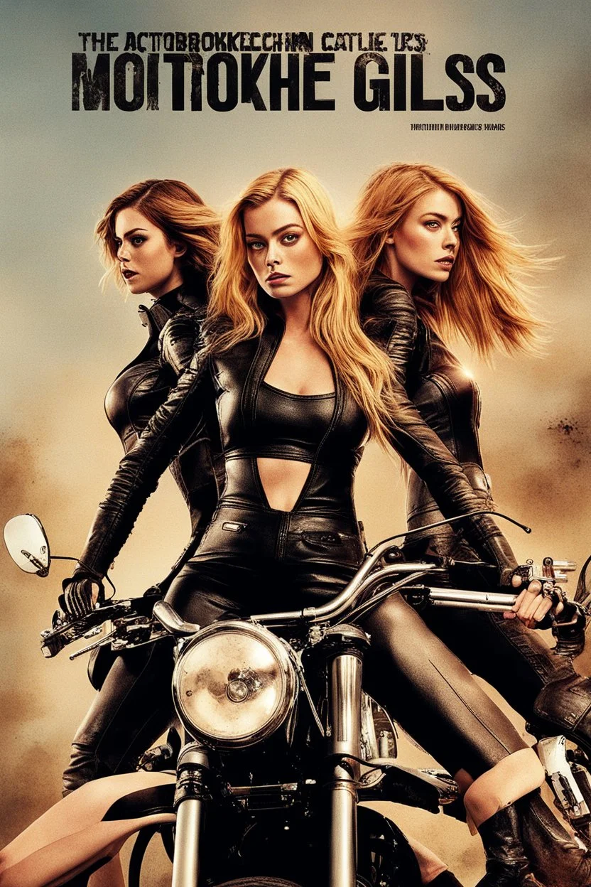 Poster for an action film called "The Motorbike Girls" starring Katherine McNamara, Margot Robbie and Georgia Henshaw wearing tight leather catsuits.