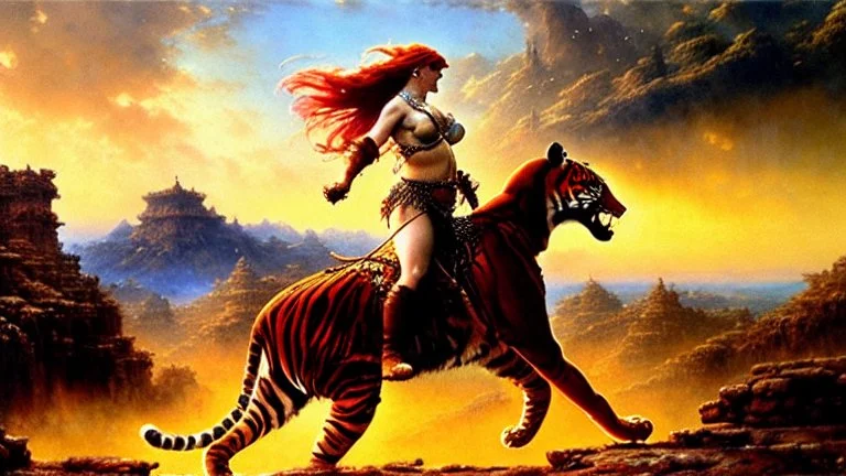 Drawing of beautiful face,'Red Sonja riding a Tiger',intense stare, ancient metal armor, balanciaga fashion clothe painting by gaston bussiere, greg rutkowski, yoji shinkawa, yoshitaka amano, tsutomu nihei, donato giancola, tim hildebrandt Oil on canvas, cinematic composition, extreme detail,fit full head inside picture,16k