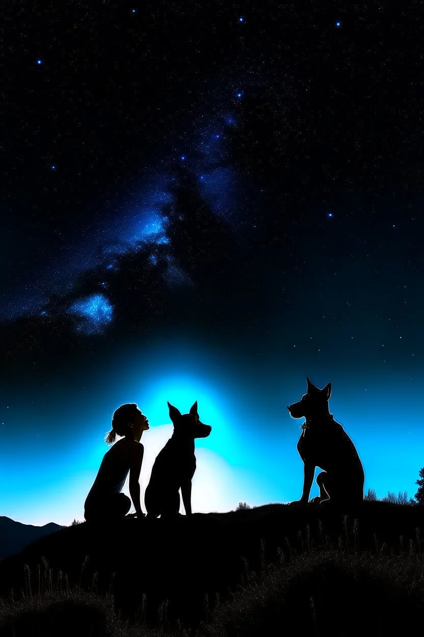 Black background on a mountaintop. Two silhouettes a fit man and a fit woman watching the stars sitting close to each other. A silhouette of a Belgian malinois sitting next to the men and the woman looking at the stars.