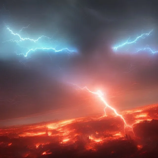 Heaven blue sky and hell red sky split, army's flying of angels demons, fighting, lightening, fire, weapons, city destruction, killing each other, blood