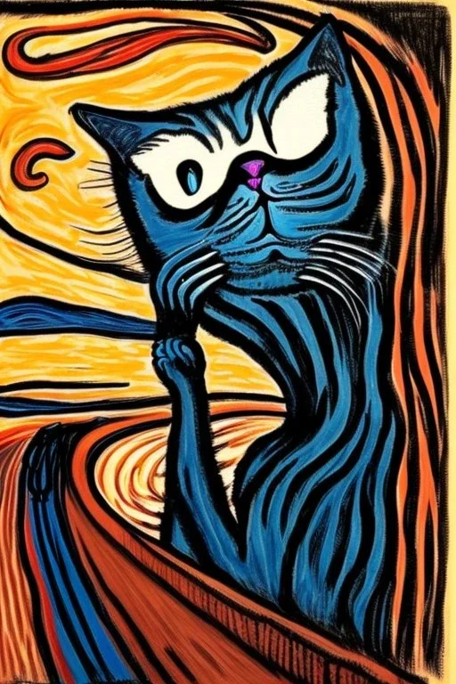 Cat holding her head with her hands. The scream Edvard Munch. Painting style of Edvard Munch