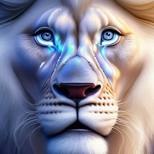 pixar style, fairy garden environment and background, realistic painting of white lion, sparkling blue crystal on forehead, looking excited, volumetric lighting, dramatic lighting, detailed digital painting, extreme dense and fine fur, ornate, colour-washed colors, elegant, small minutiae, tiny features, particulars, centered