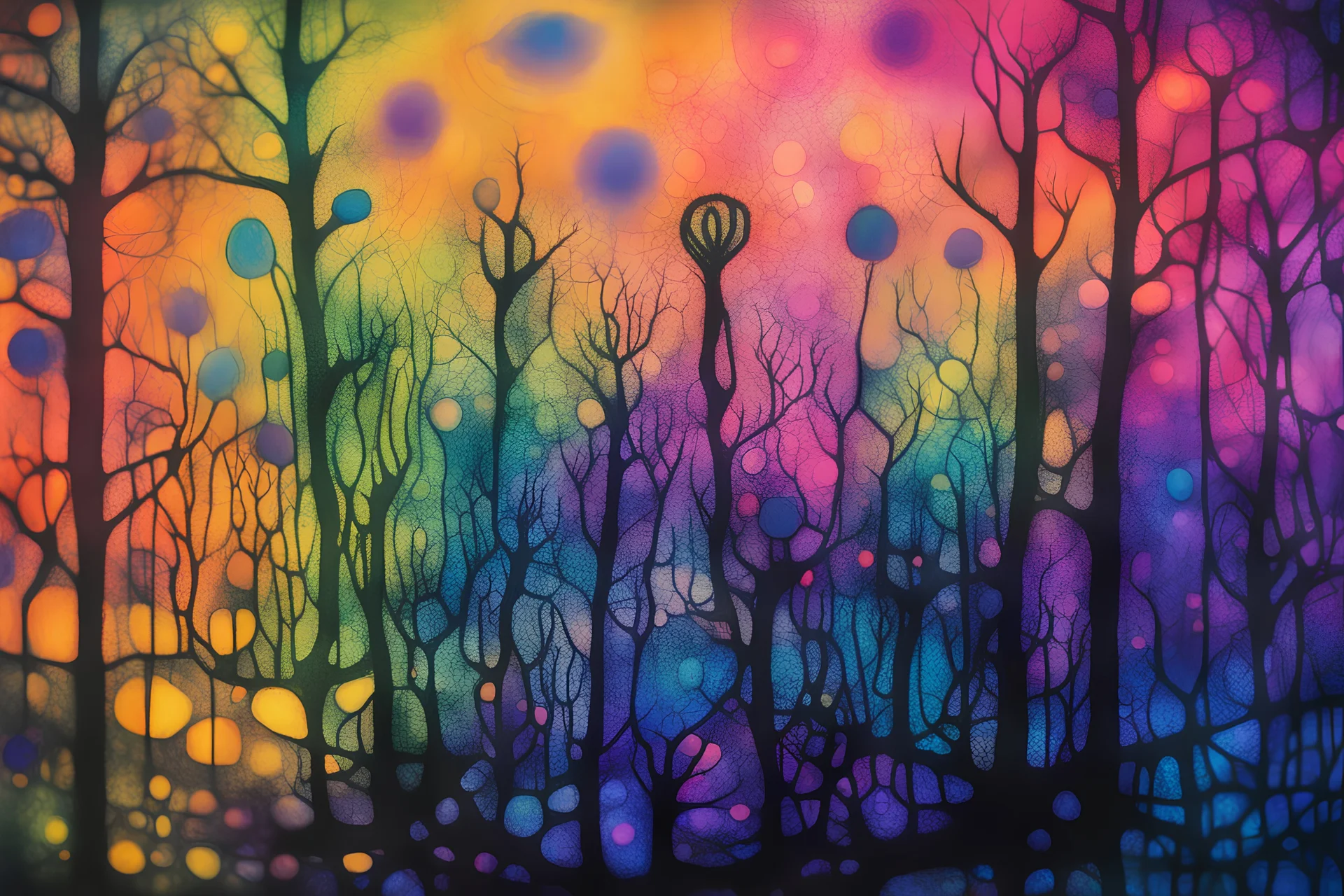 black light art, knitted dream, neon colors, styles of Paul Klee Dee Nickerson and Tim Burton, melting watercolor and black ink outlines on wet paper, soft, shading strokes, in sunshine, ethereal, otherwordly, cinematic postprocessing, bokeh, dof