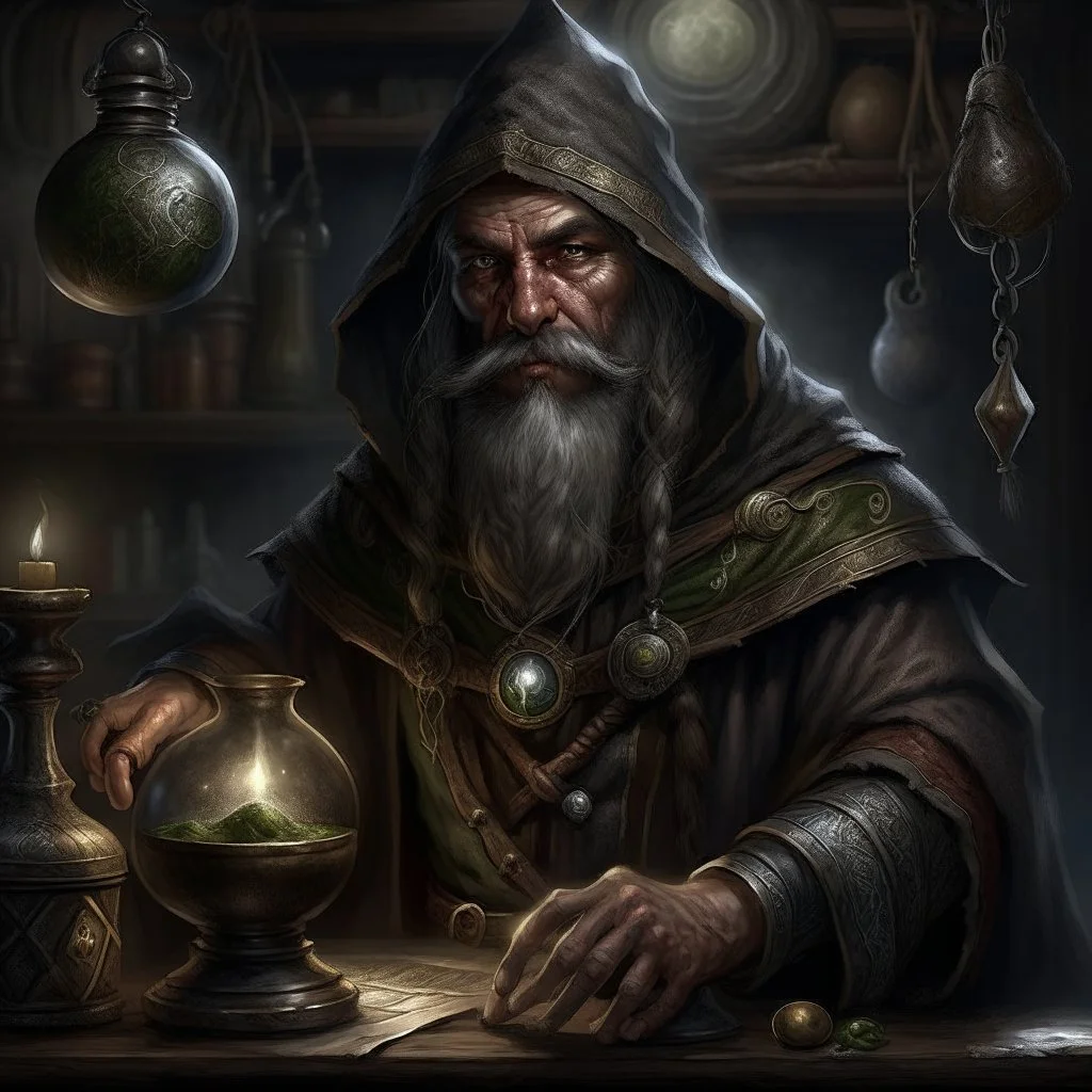 A hardened celtic industrial era mage alchemist grimdark realistic