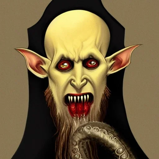 Nosferatu with yellow eyes with fleshy tentacle hair beard grey skin and red fangs and vampire bat nose as a Russian Orthodox