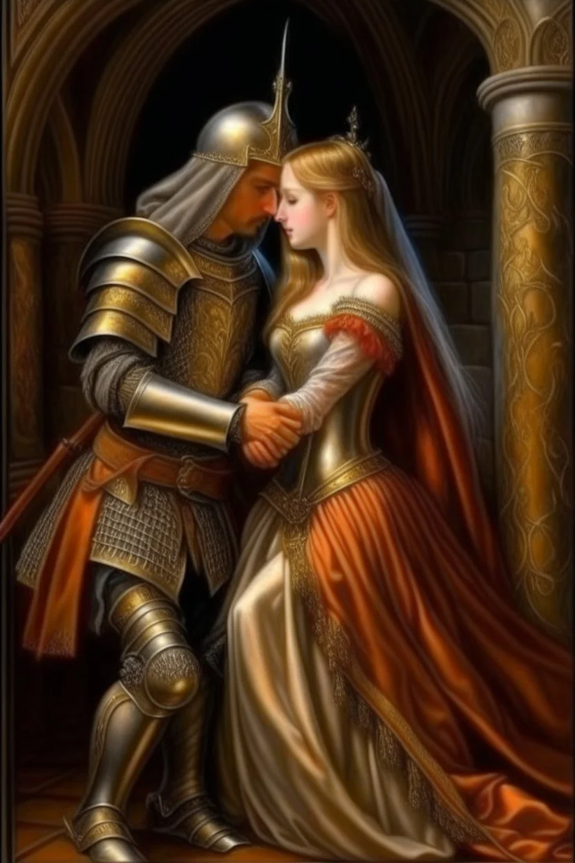 Historical oil painting expressing love The eternal between a princess and a knight Photorealistic