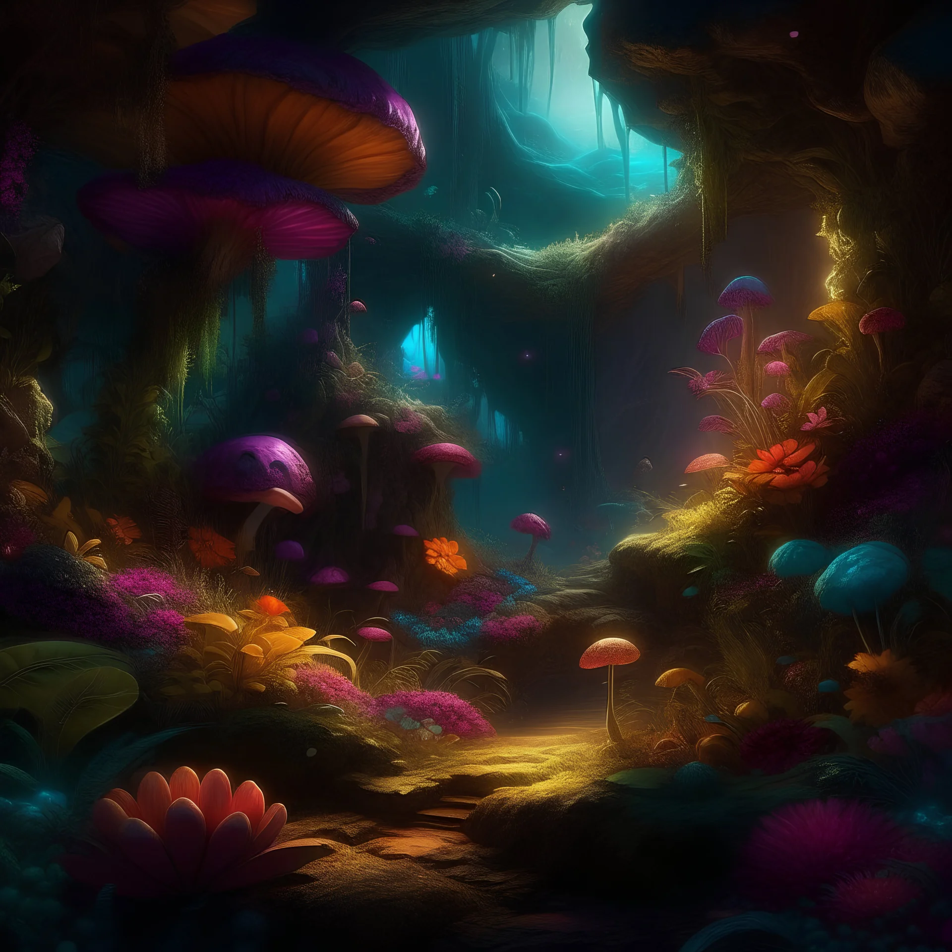 A surrealistic depiction of spring bursting with vibrant colors, fantastical elements, and a touch of magic. The scene is filled with unexpected details, rich textures, and dreamy lo-fi photography capturing every intricate detail in sharp focus. This masterpiece is reminiscent of the dark crystal movie style, blending the boundaries between photo and digital art, resembling an oil painting with visible brush strokes. The wide shot showcases the scene in stunning 4k resolution.