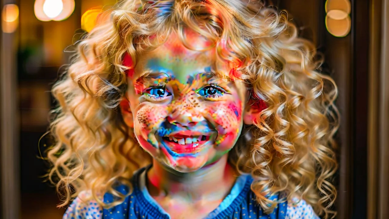 A cute little girl, curly blonde hair, the look on her smiling face.