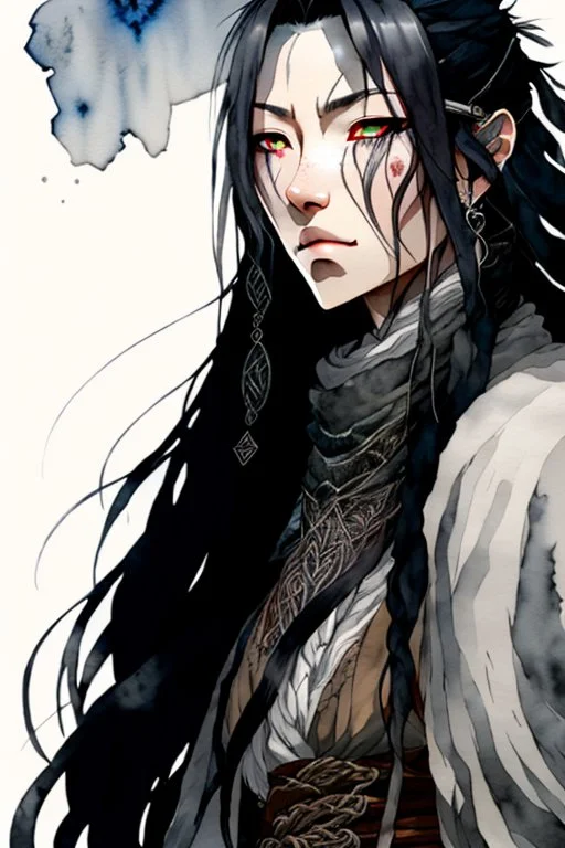 ink wash and watercolor illustration of an Anime ancient grizzled, gnarled female vagabond wanderer, long, black hair streaked with grey, highly detailed facial features, sharp cheekbones. Her eyes are black. She wears weathered roughspun Celtic clothes, emaciated and tall, with pale skin, full body , thigh high leather boots within a forest of massive ancient oak trees in the comic book style of Bill Sienkiewicz and Jean Giraud Moebius , dramatic natural lighting, rich, vibrant colors