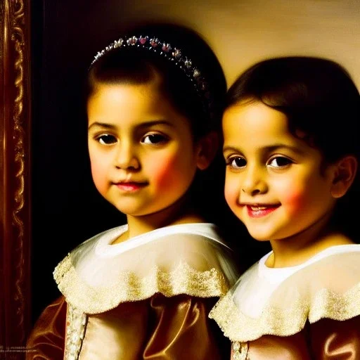 portrait of sisters Eira Santiago Arnau(ten year old, dark blonde) and Dalia Santiago Arnau (six year old, brunette) by Velazquez,smiling, oil on canvas, cinematic composition, extreme detail,8k,fit full head inside picture,