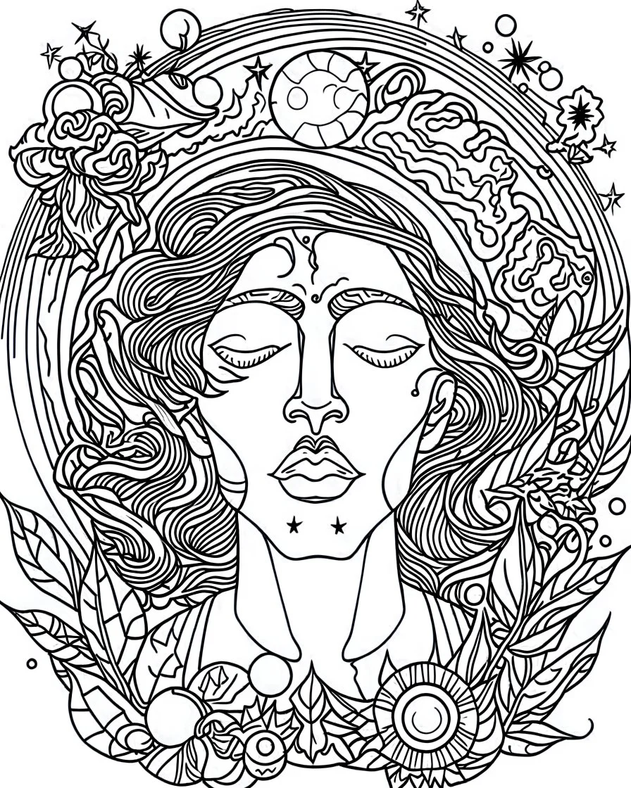 outline art for stoners coloring pages with A very simple and super minimal design featuring A trippy cosmic journey through space, with planets and stars morphing into cannabis leaves, white background, sketch style, fully body, only use outline, mandala style, clean line art, white background, no shadows and clear and well outlined